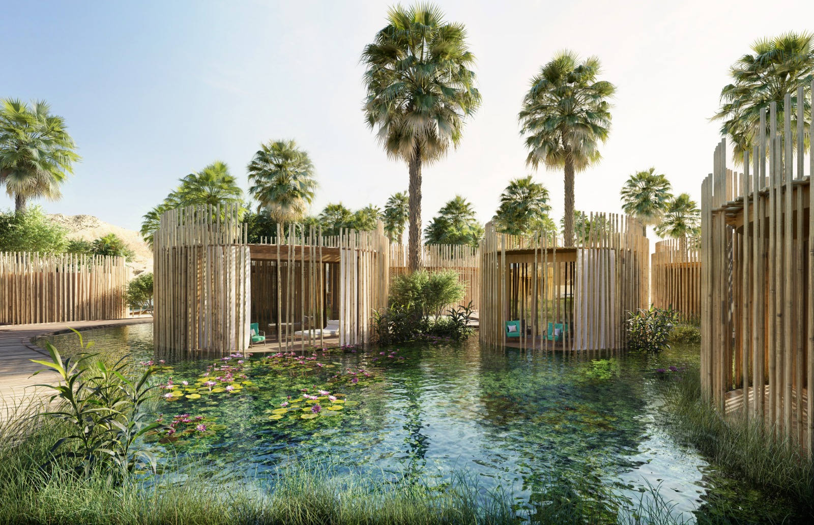 Spa Pond View – The spa will be set within a private oasis. guests will enter into a lush green space with treatment rooms seeming to float on water